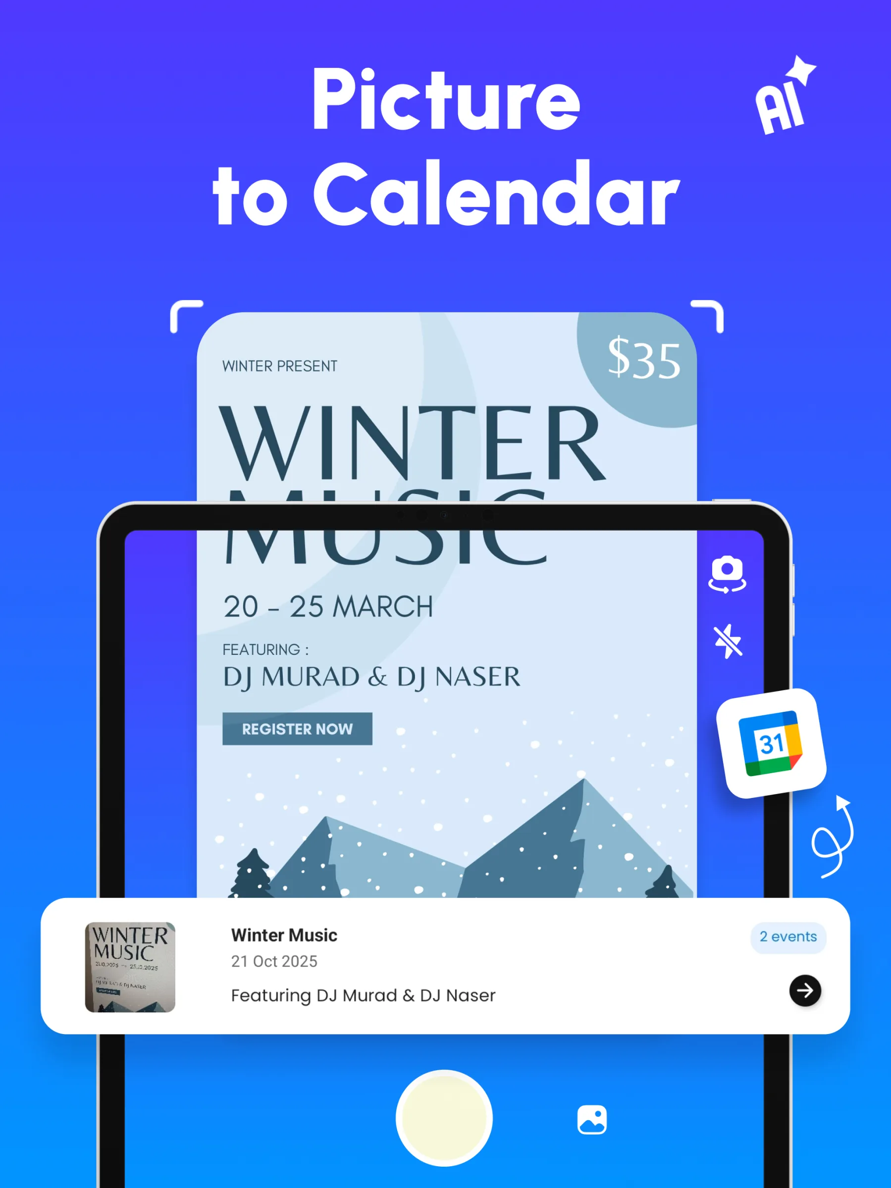 PosterSnap app screen showing event details from a poster