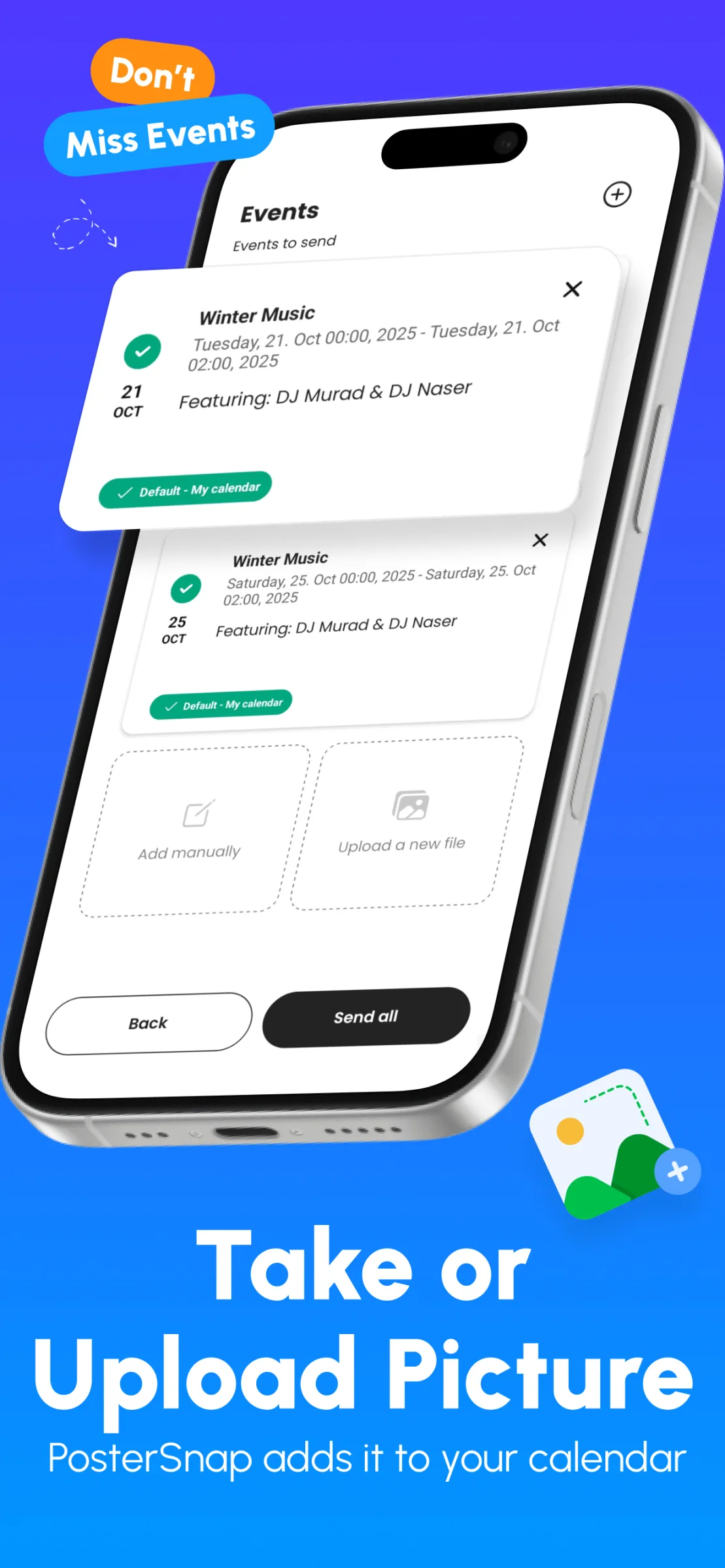 PosterSnap mobile app screen for saving an event